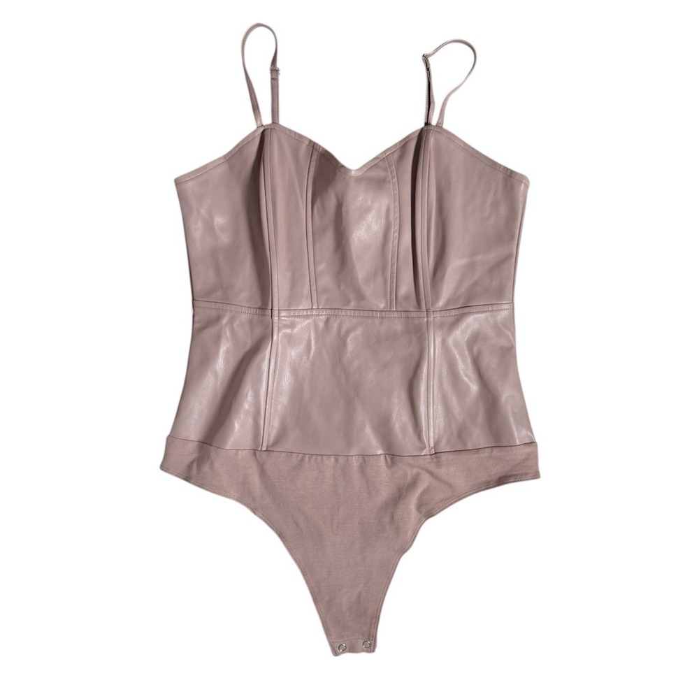 GUESS Bodysuit Womens L Mauve New Faux Leather Corset Style Zip Back